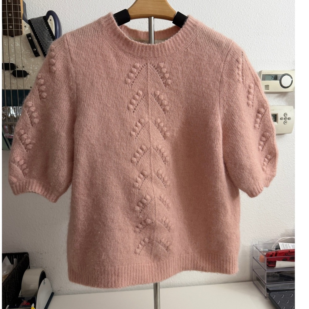 Boden Pink Bobble Pointelle Knit Short Sleeve Sweater Crew Neck Pink Medium